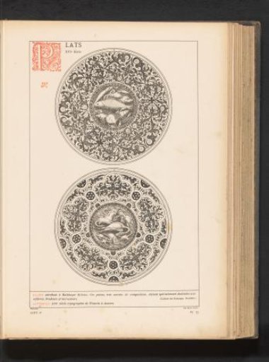 Reproduction of a print of two plates, decorated with fish and birds