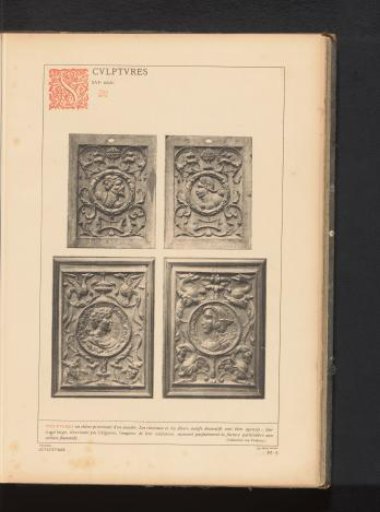Four wooden reliefs with a figure's face and grotesques