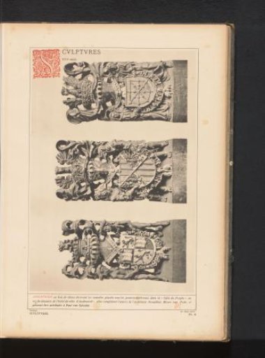 Three sculptures of oak with family coats of arms in the Town Hall of Oudenaarde, Belgium