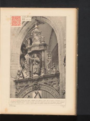 Stone sculpture of Christ as Salvator Mundi on the exterior of the tower of the Saint Martin's Church in Ypres, Belgium
