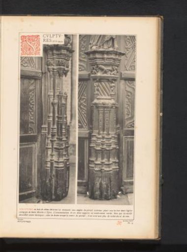 Two decorated wooden buttresses in the Saint Martin's Church in Ypres, Belgium