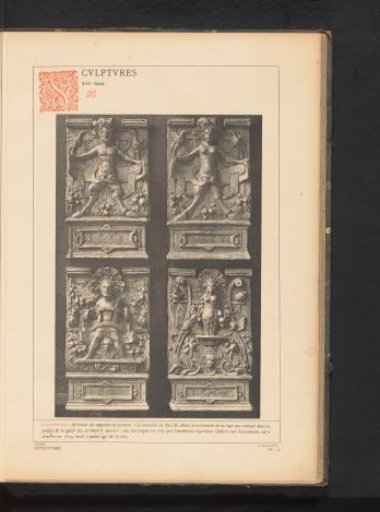Four oak reliefs with figures and grotesques from the guild house of the crossbowmen in Antwerp, Belgium