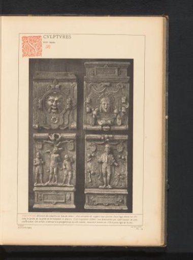 Four oak reliefs with figures and grotesques from the guild house of Saint Sebastian in Antwerp, Belgium