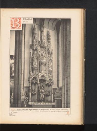 Altarpiece of stone in the southern transept of the Saint Waltrude Church in Mons, Belgium