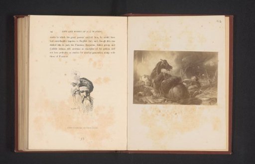 Photographic reproduction of a print after a painting, depicting two dying men and horses on a battlefield