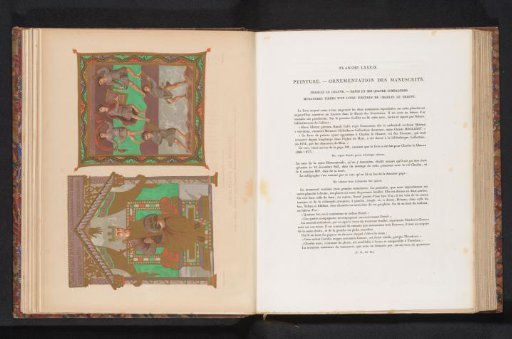 Reproduction of two illuminated pages with Charles the Bald and David with his companions