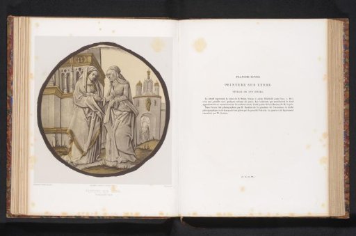 Reproduction of a design for a stained-glass window depicting the Visitation of Mary to Elizabeth