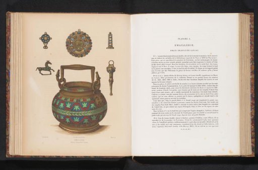 Reproduction of a design with five enamel brooches and a vase