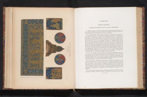 Reproduction of designs for a book cover, two medallions, the shield of France, and two pedestals