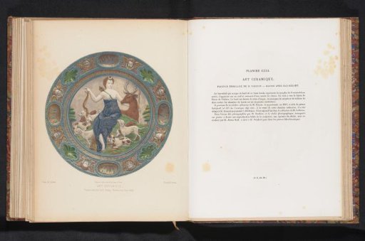 Reproduction of a design of a bowl with a seated nymph surrounded by a stag and a pack of hounds