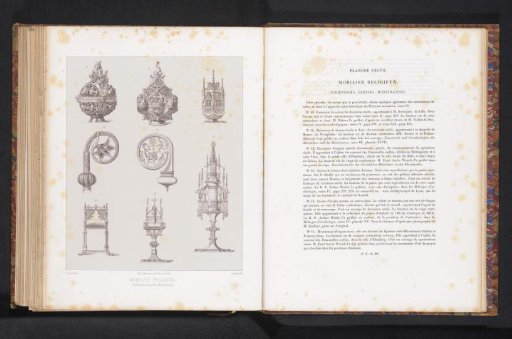 Reproduction of a design with thuribles, monstrances, and decorated staves