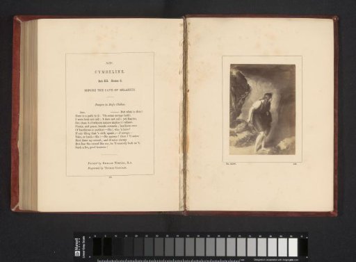 Photographic reproduction of a print after a painting by Richard Westall, depicting a scene from Cymbeline by William Shakespeare