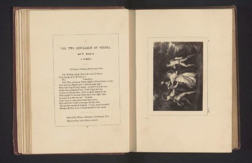 Photographic reproduction of a print after a painting by Maria Angelica Kauffmann, depicting a scene from The Two Gentlemen of Verona by William Shakespeare
