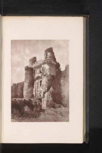 Photographic reproduction of a painting, representing the entrance gate of Herstmonceux Castle