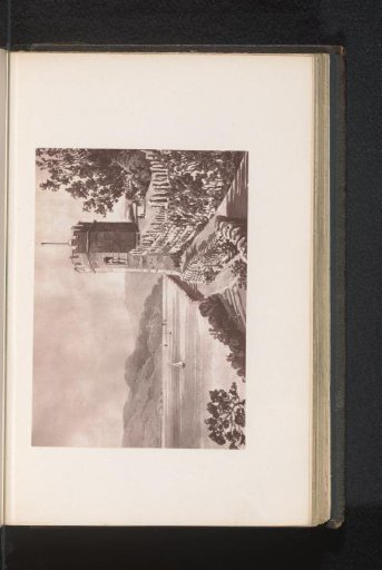 Photographic reproduction of a painting depicting a view of a stone tower, with a lake in the background