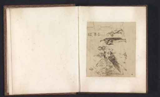 Photographic reproduction of a drawing depicting two students offering Professor Jowett a money bag to increase his salary