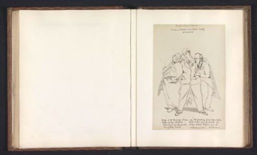 Photographic reproduction of a drawing depicting Reverend Sandford as an angel beside a student and a cook