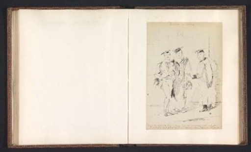 Photographic reproduction of a drawing depicting Reverend Evans reprimanding Mr. Kershaw and Mr. Bissell for their choice of clothing in the chapel