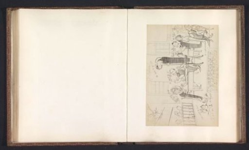 Photographic reproduction of a drawing depicting a student undergoing an anatomical examination by professors