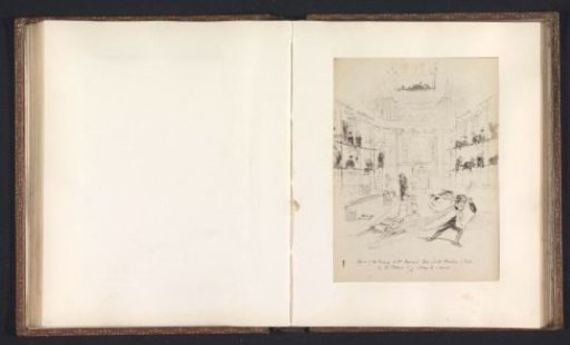 Photographic reproduction of a drawing depicting students worshipping paintings in the Worcester College Chapel at Oxford
