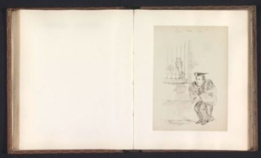 Photographic reproduction of a drawing depicting a procurator spying by placing a bulldog before a window