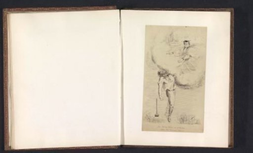 Photographic reproduction of a drawing depicting Under-Chancellor J. P. Lightfoot expelling a mechanic of the Great Western Railway from heaven