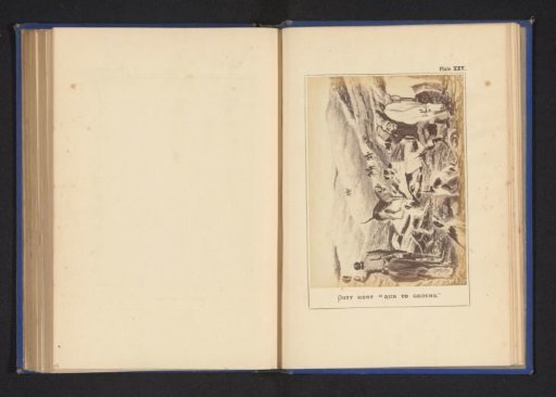 Photographic reproduction of a drawing of hunters and hunting dogs in Udhagamandalam