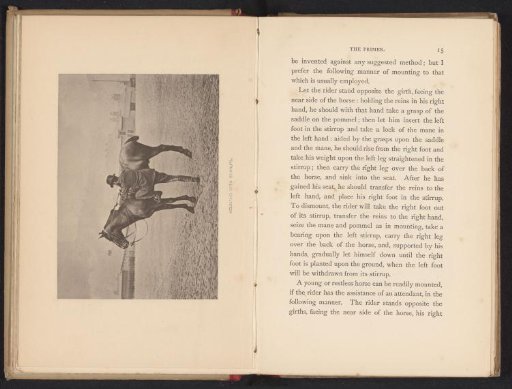 Man mounting a horse with the aid of stirrups