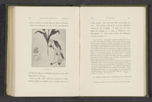 Photographic reproduction of a birthday card by Randolph Caldecott, depicting a man with a large carnation in his hand