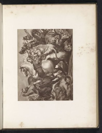 Photographic reproduction of an engraving, depicting a lion hunt