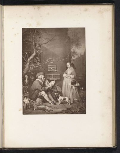 Photographic reproduction of an engraving after a painting, depicting an old man selling birds
