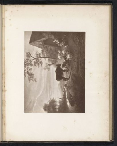 Photographic reproduction of an engraving after a painting, depicting a herd with a shepherd in a meadow at twilight