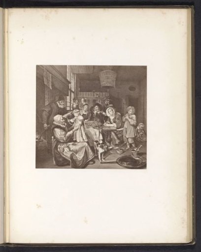 Photographic reproduction of a print after a painting, depicting an interior with a family at table