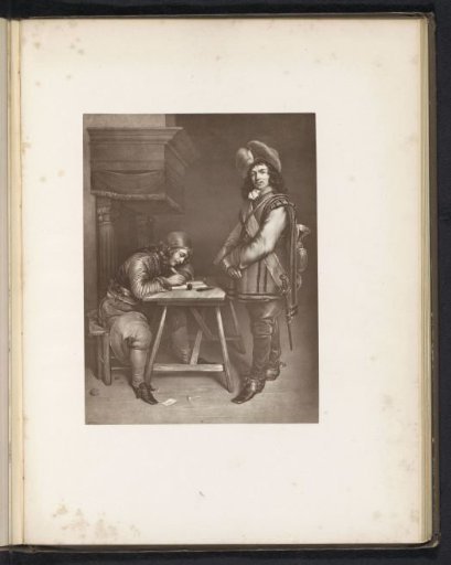 Photographic reproduction of a print after a painting, depicting an officer writing a letter and a trumpeter