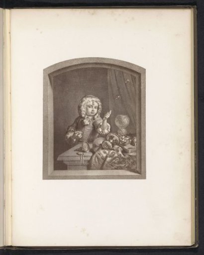 Photographic reproduction of a print after a painting, depicting a boy blowing bubbles