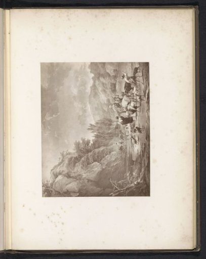 Photographic reproduction of a painting depicting a company crossing a river