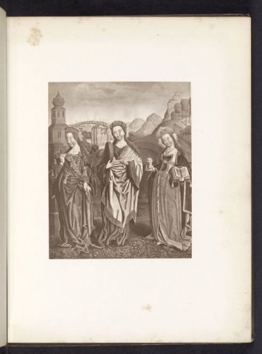 Photographic reproduction of an engraving after a painting, representing Saint Barbara, Christina of Bolsena and Mary Magdalene