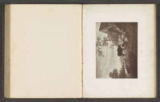 Photographic reproduction of an engraving after a painting, depicting a flock with a shepherd in a meadow at twilight