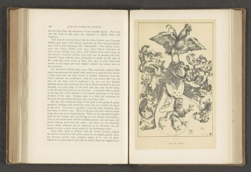 Fotoreproductie van een prent van een wapenschild met een haan en een leeuw door Albrecht Dürer