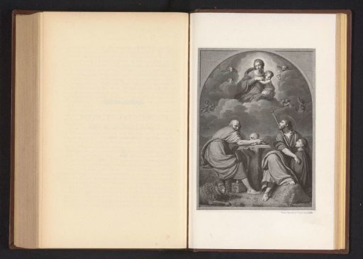 Photographic reproduction of a print after a painting, depicting the enthroned Madonna with Saint Jerome and James