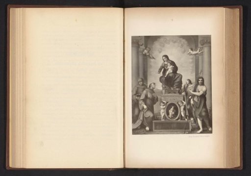 Photographic reproduction of a print after a painting, depicting the enthroned Madonna among saints