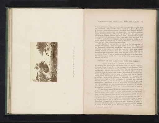 Photographic reproduction of a drawing of a junction of two rivers in South America, presumably Guyana, with boats and hunters