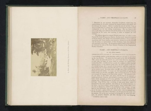 Photographic reproduction of a drawing of waterfalls and boats in the Berbice River in Guyana