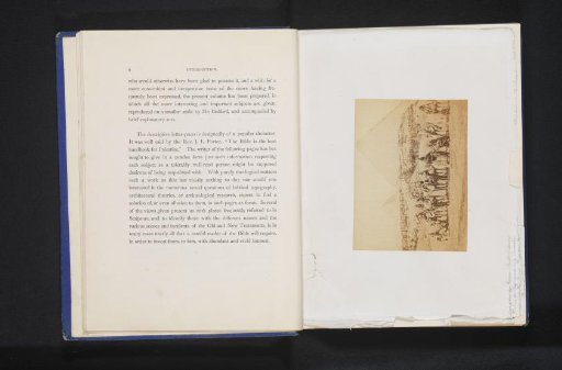 Photographic reproduction of a painting depicting a traveling party on camels before the Pyramid of Cheops