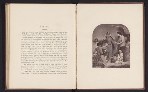 Photographic reproduction of an engraving after a painting, depicting Dorcas distributing clothes to the poor