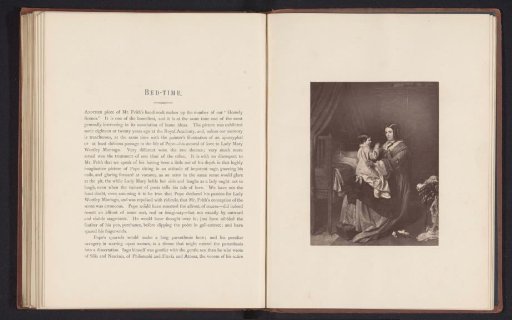 Photographic reproduction of an engraving after a painting, depicting a mother with a child on her lap before bedtime