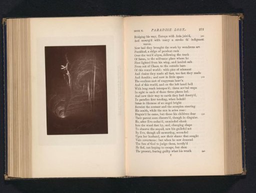Photographic reproduction of a print depicting Sin and Death reaching Satan by building a stone bridge