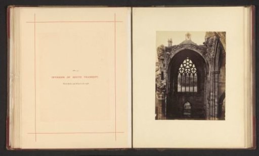 Interior with a view of a window of the ruins of Melrose Abbey