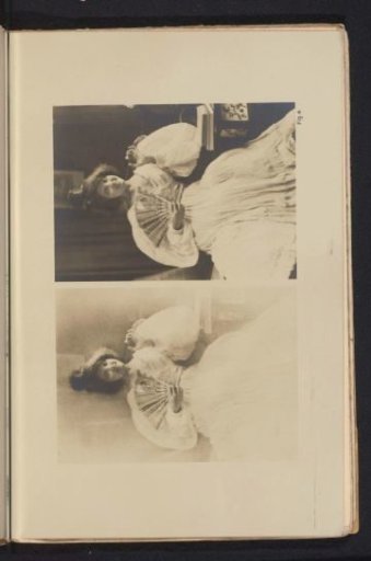 Two images of an unknown woman with a fan