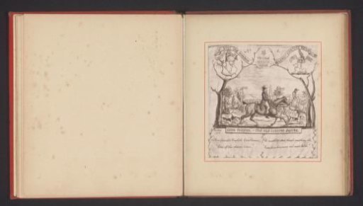 Photographic reproduction of a drawing by Thomas Mervyn Bouchier Marshall, depicting two horsemen with dogs surrounded by coats of arms